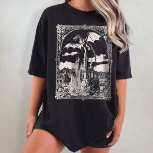 Vintage Medieval Dragon Fantasy Graphic T-Shirt, Dark Artsy Dragon Tee